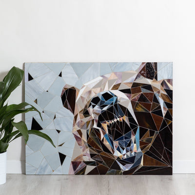 Grizzly bear showing his fangs geometric stained glass mosaic wall hanging
