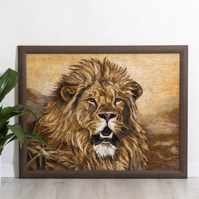 Stained glass mosaic depicting lion portrait with yellow background