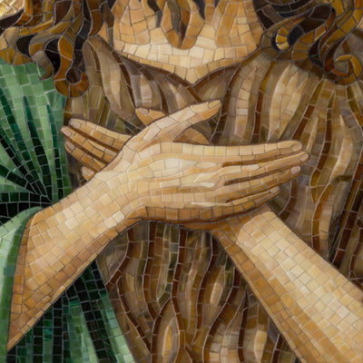 Zoomed hands of stained glass John the Baptist mosaic