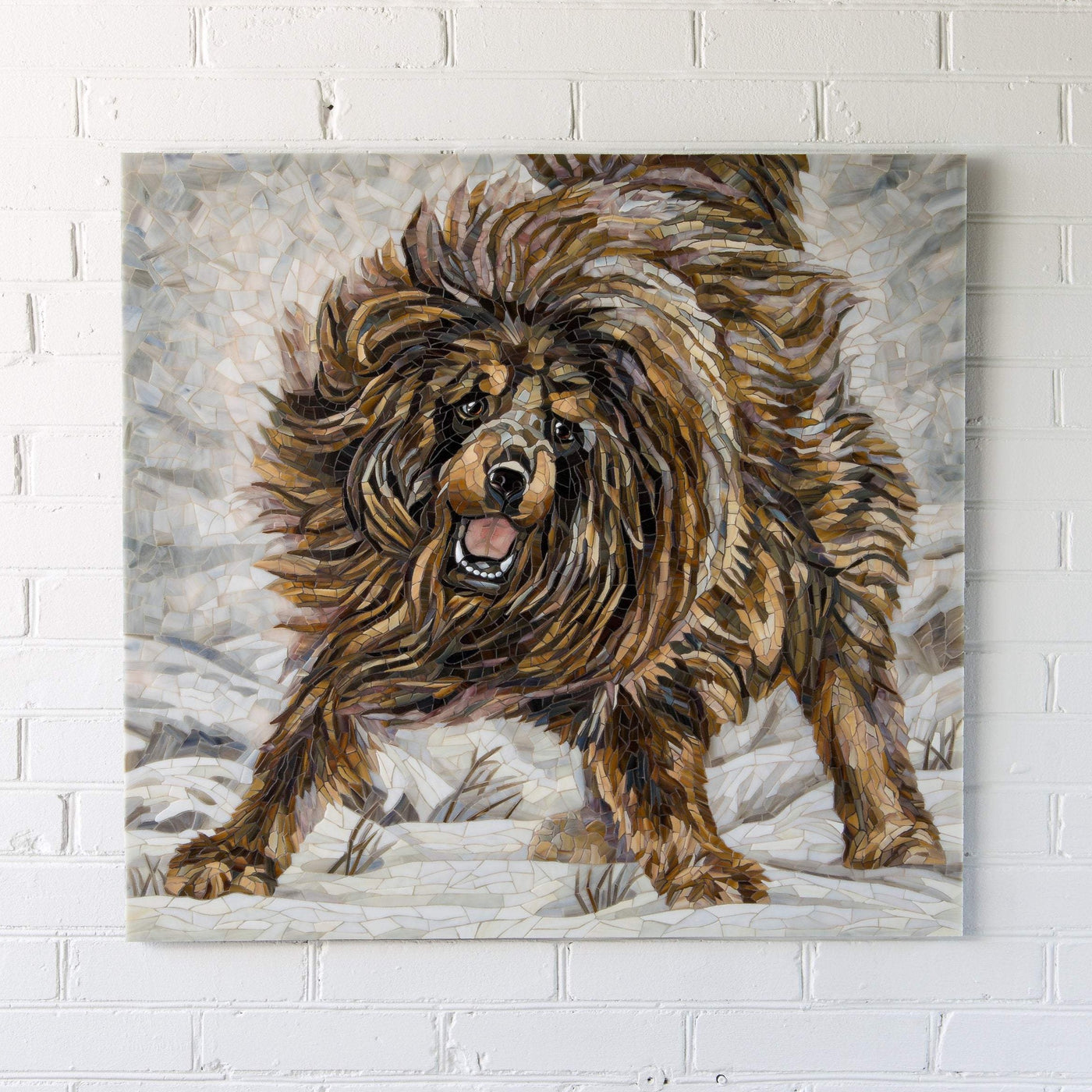 Stained glass mosaic depicting running Tibetan Mastiff for home decor