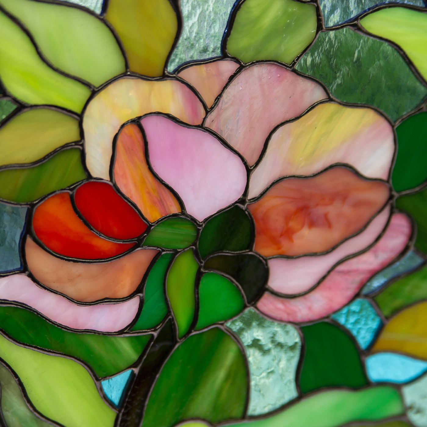 Zoomed stained glass peony flower panel