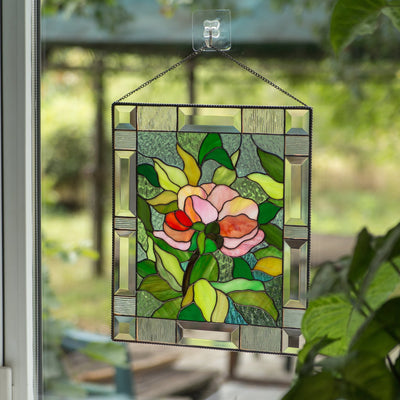 Stained glass window hanging depicting peony flower for home decor