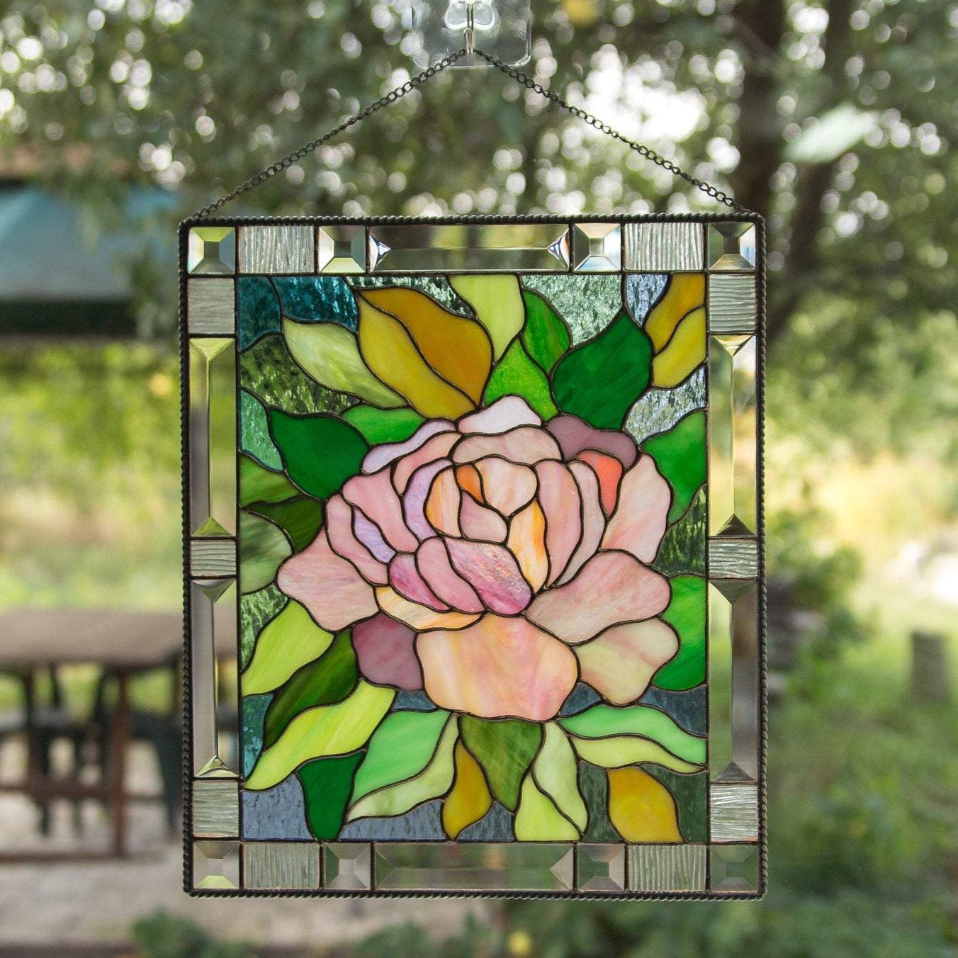 Stained glass pink peony window hanging panel