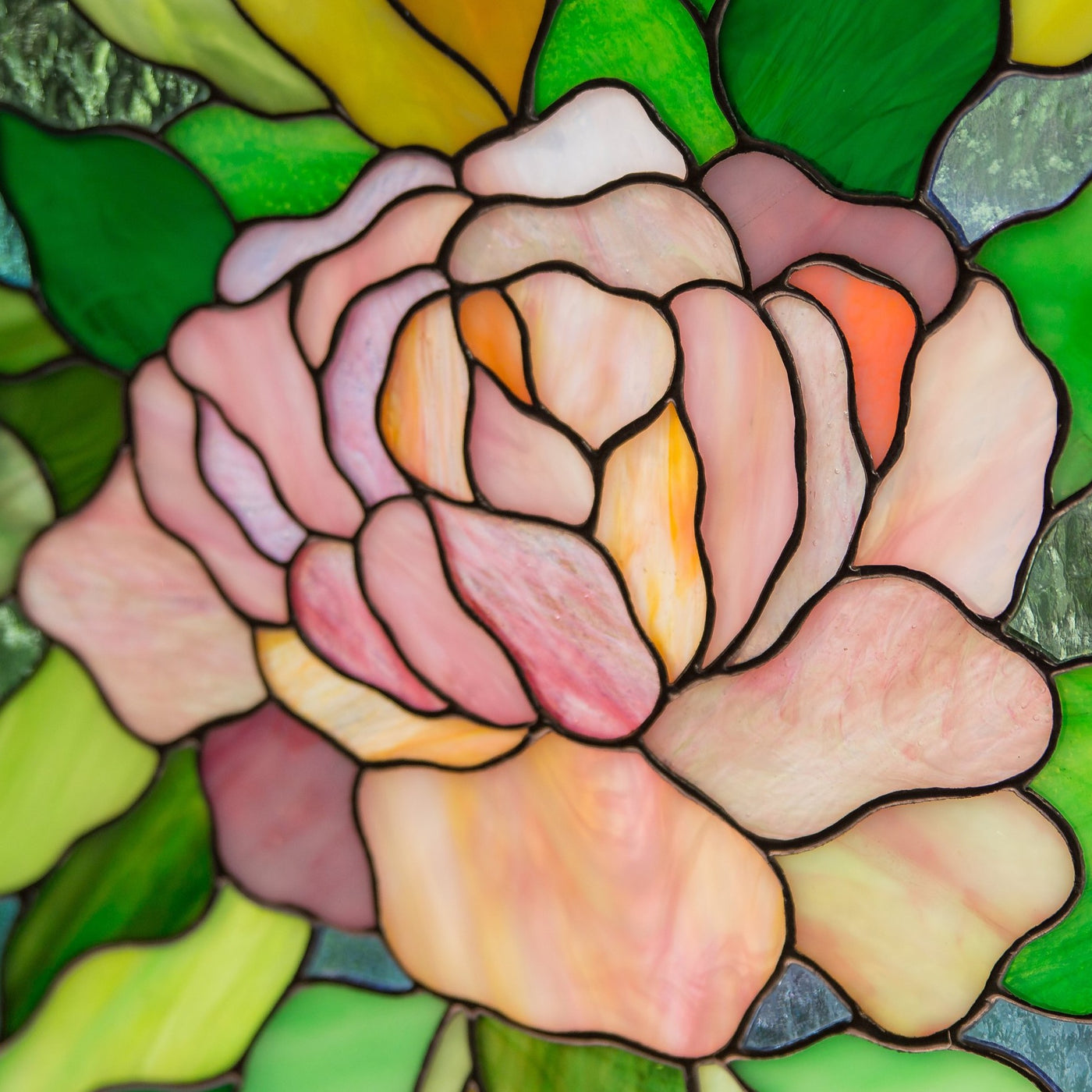 Zoomed stained glass pink peony panel
