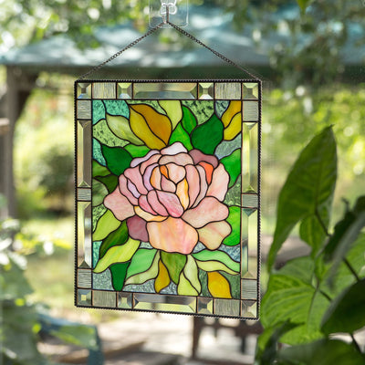 Pink peony with green leaves stained glass panel