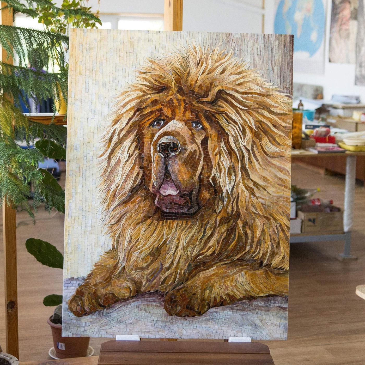 Stained glass portrait mosaic of Tibetan Mastiff for wall decor