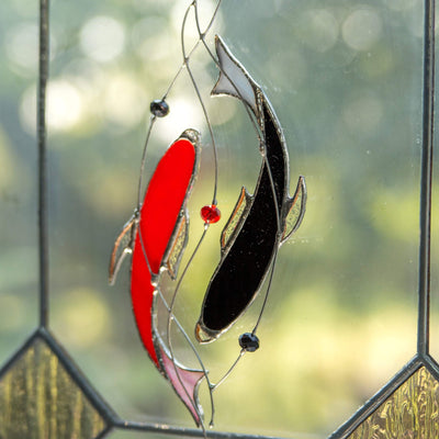 Stained glass yin yang koi fishes suncatcher of red and black colours