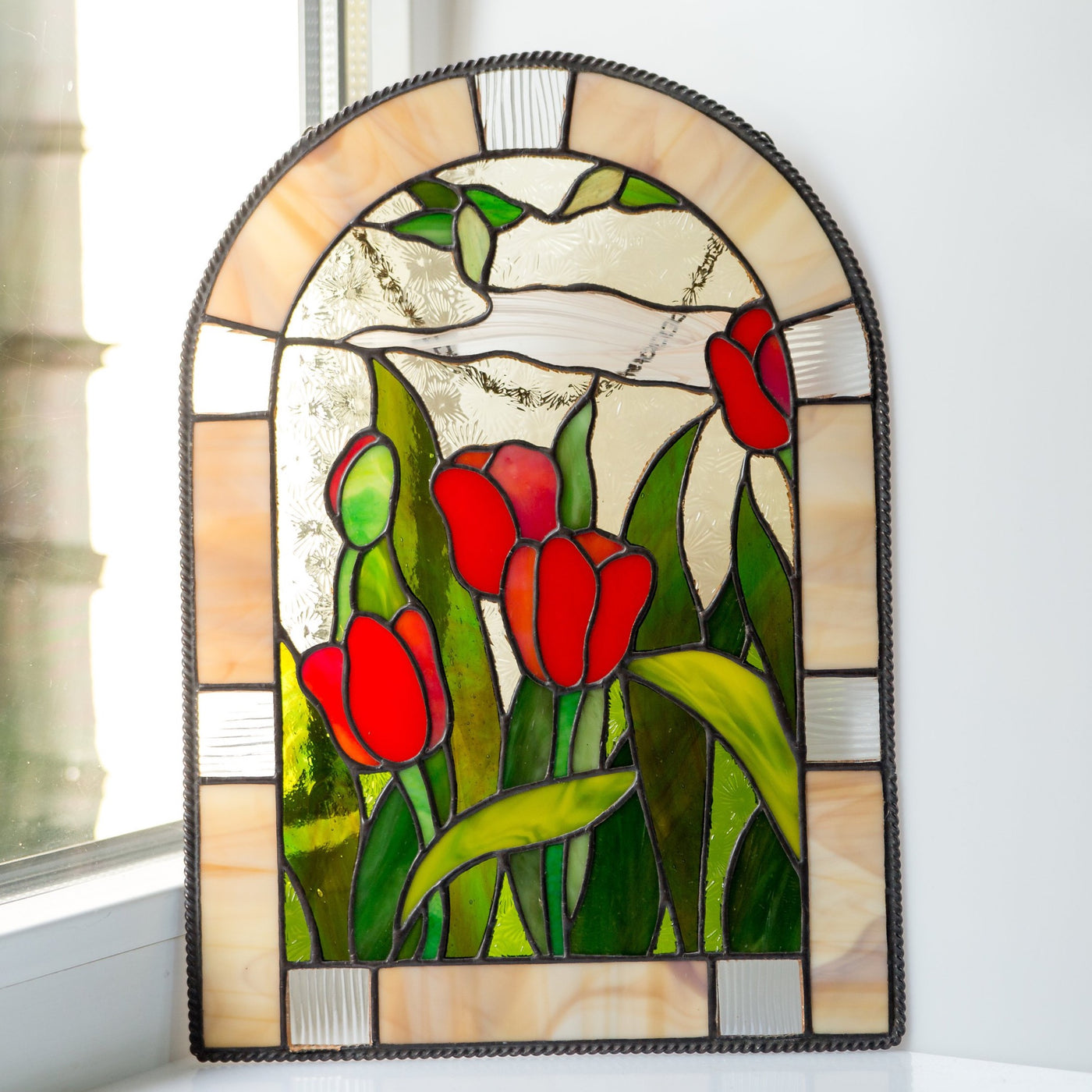 Red tulips window hanging of stained glass for home decor