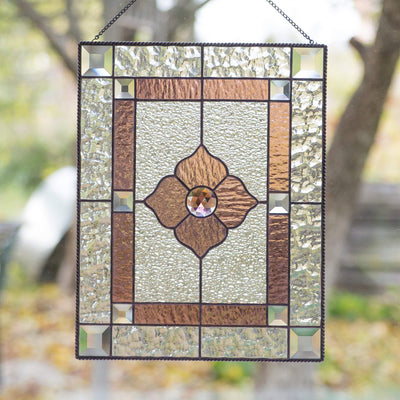 Stained glass clear and pink panel with beveled inserts for window decoration