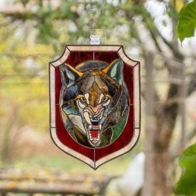 Wolf portrait panel of stained glass for window decoration