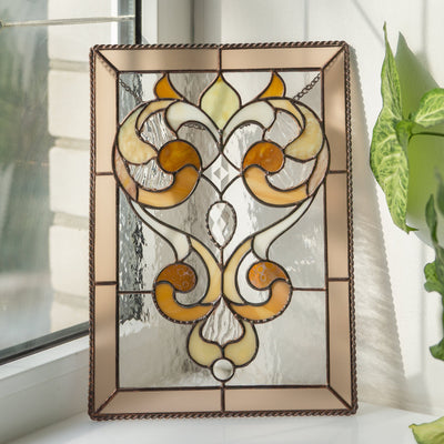 Stained glass rectangular panel with beveled inserts and ringlets