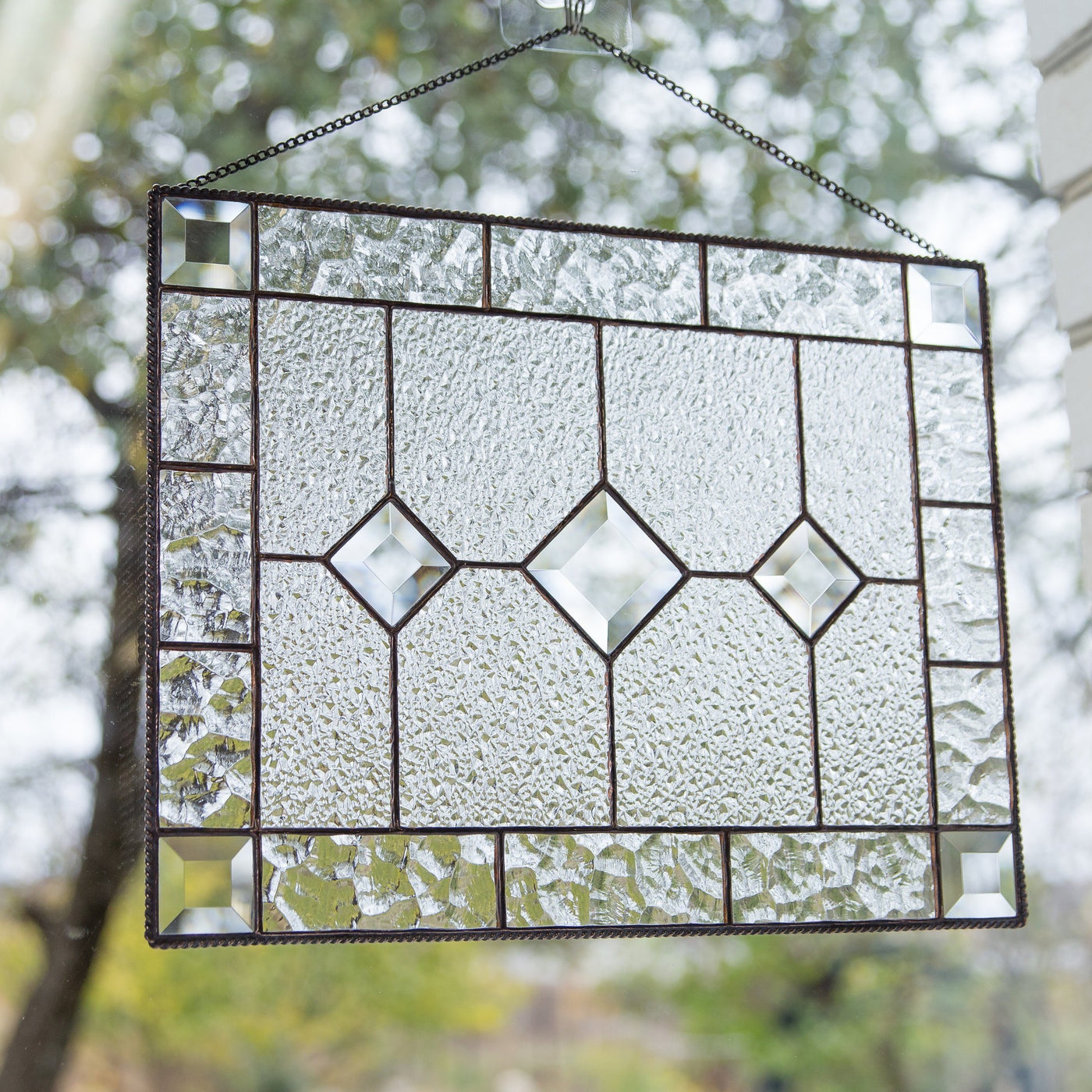 Stained glass clear beveled panel with faceted inserts for window decoration