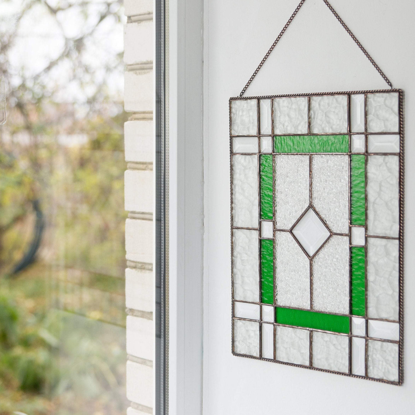 Stained glass clear panel with green and beveled inserts for home decoration