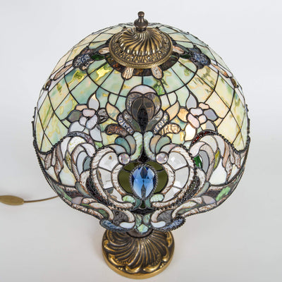 Top view of stained glass green Tiffany lampshade with its markings
