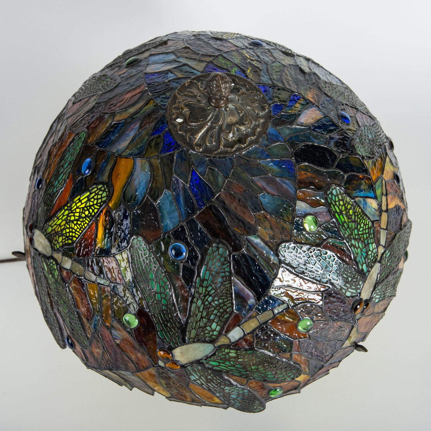 Top view of stained glass dragonfly mosaic lamp shade