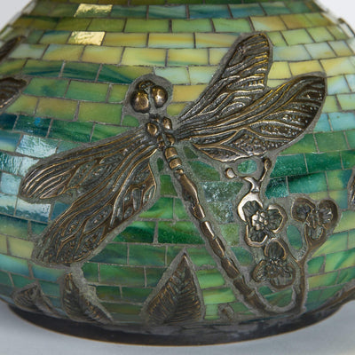 Zoomed stained glass mosaic dragonfly lamp base of green colour