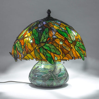 Stained glass mosaic lamp decorated with dragonflies for home decor