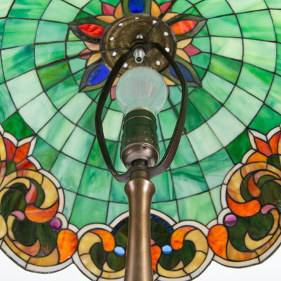 Stained glass green Tiffany lamp from the inside