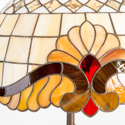 Zoomed stained glass Tiffany lampshade with red inserts and markings