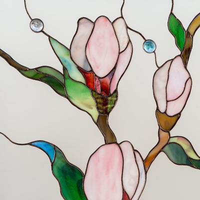 Zoomed stained glass magnolia flowers with beveled inserts panel for home decor