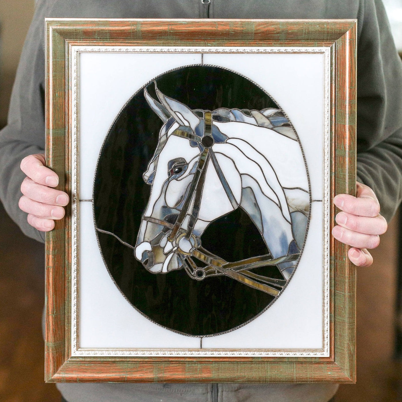 Stained glass portrait of a horse framed panel