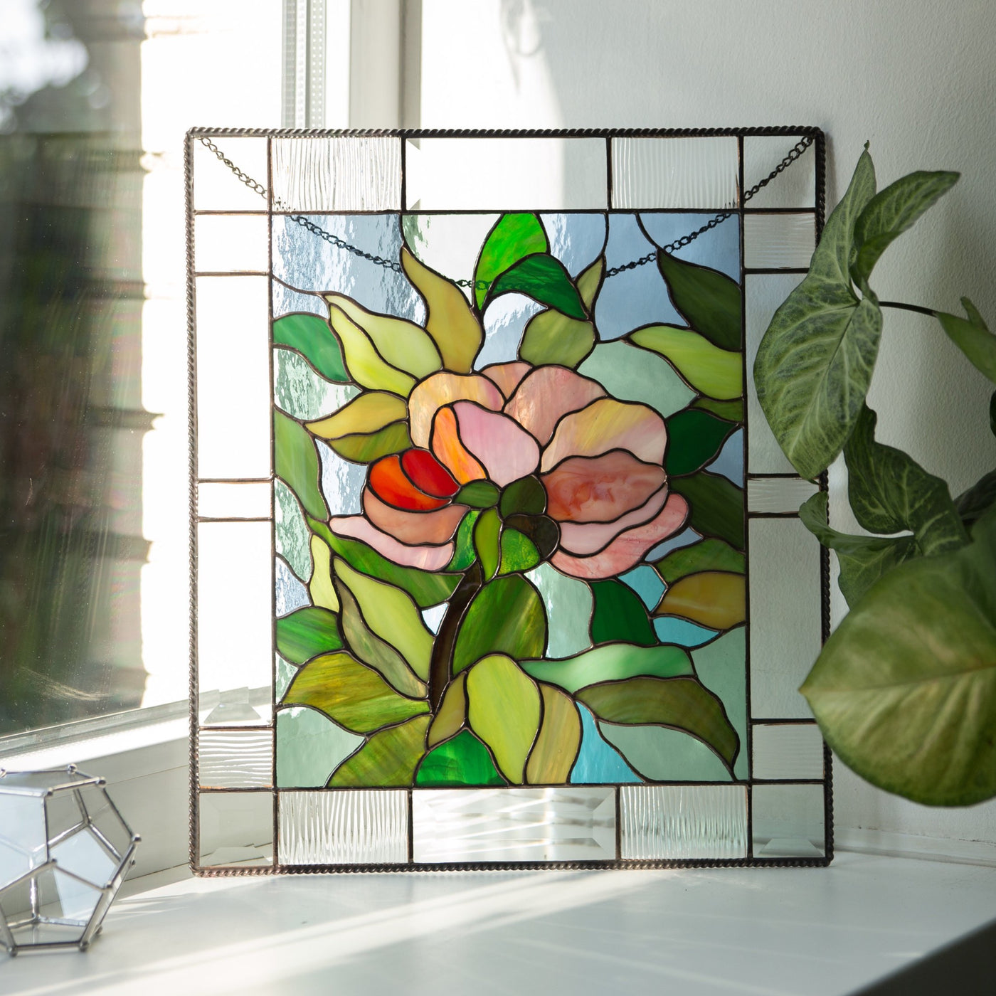 Stained glass peony flower panel for window