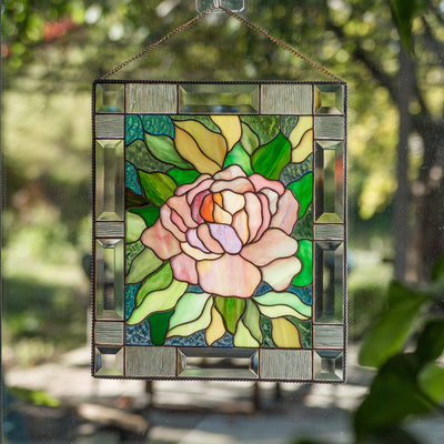 Pink peony panel of stained glass for window 