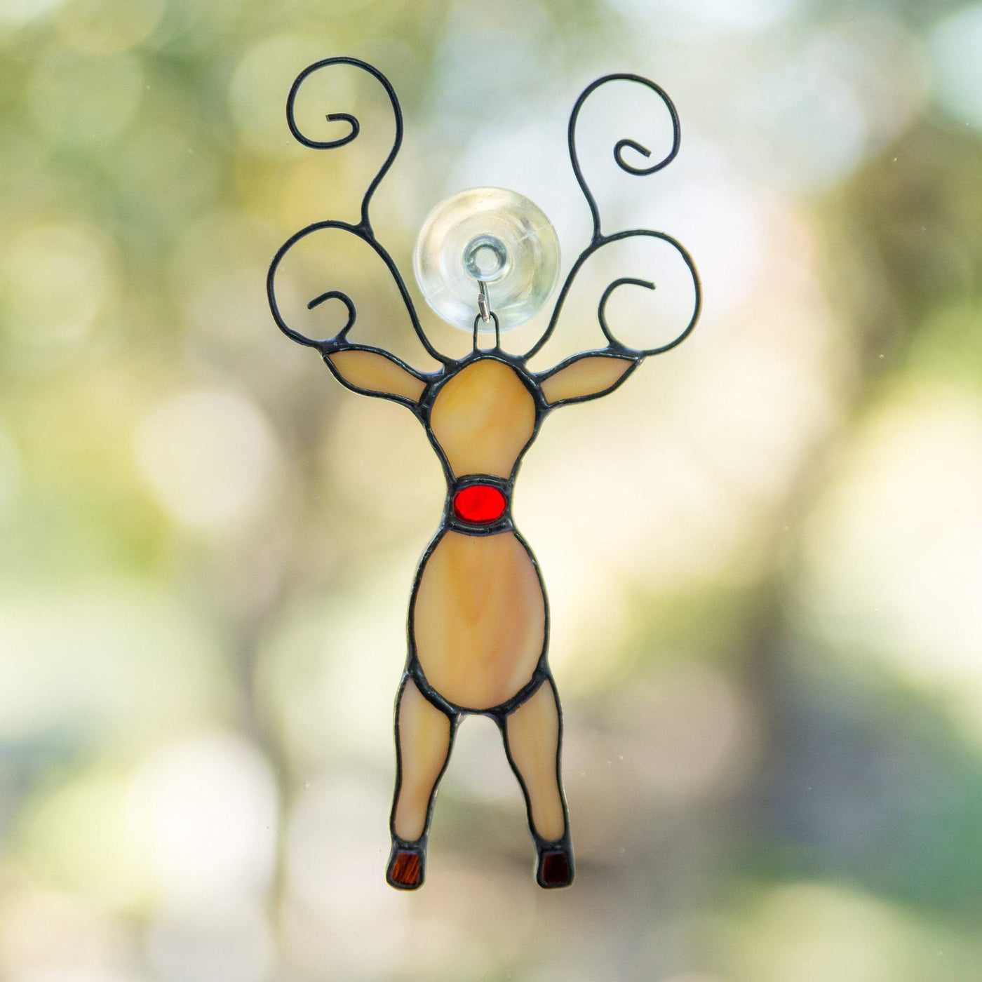 Stained glass reindeer back-view with red scarf suncatcher