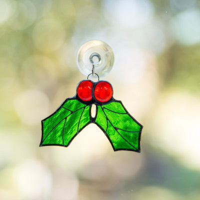 Stained glass suncatcher of holly leaves for Christmas decor
