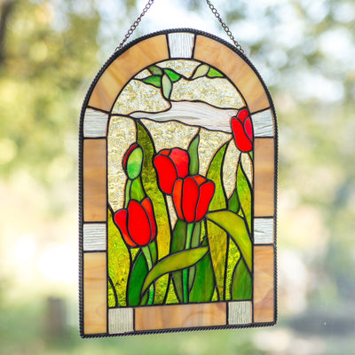 Red tulips panel of stained glass for window decoration