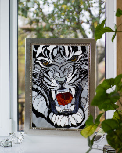 Modern stained glass white tiger wall art / Custom stained glass animal artwork
