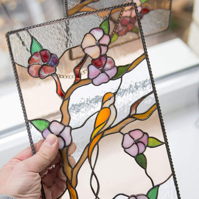 Zoomed stained glass cherry blossom panel window or wall hanging