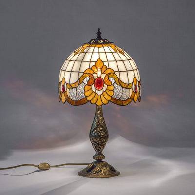 Stained glass Tiffany lamp in beige colours with red beveled insert 