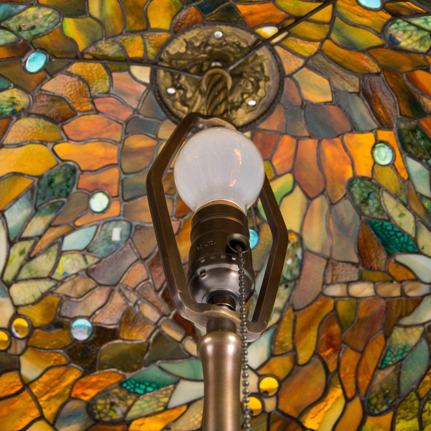 Stained glass dragonfly Tiffany lamp shade from the inside