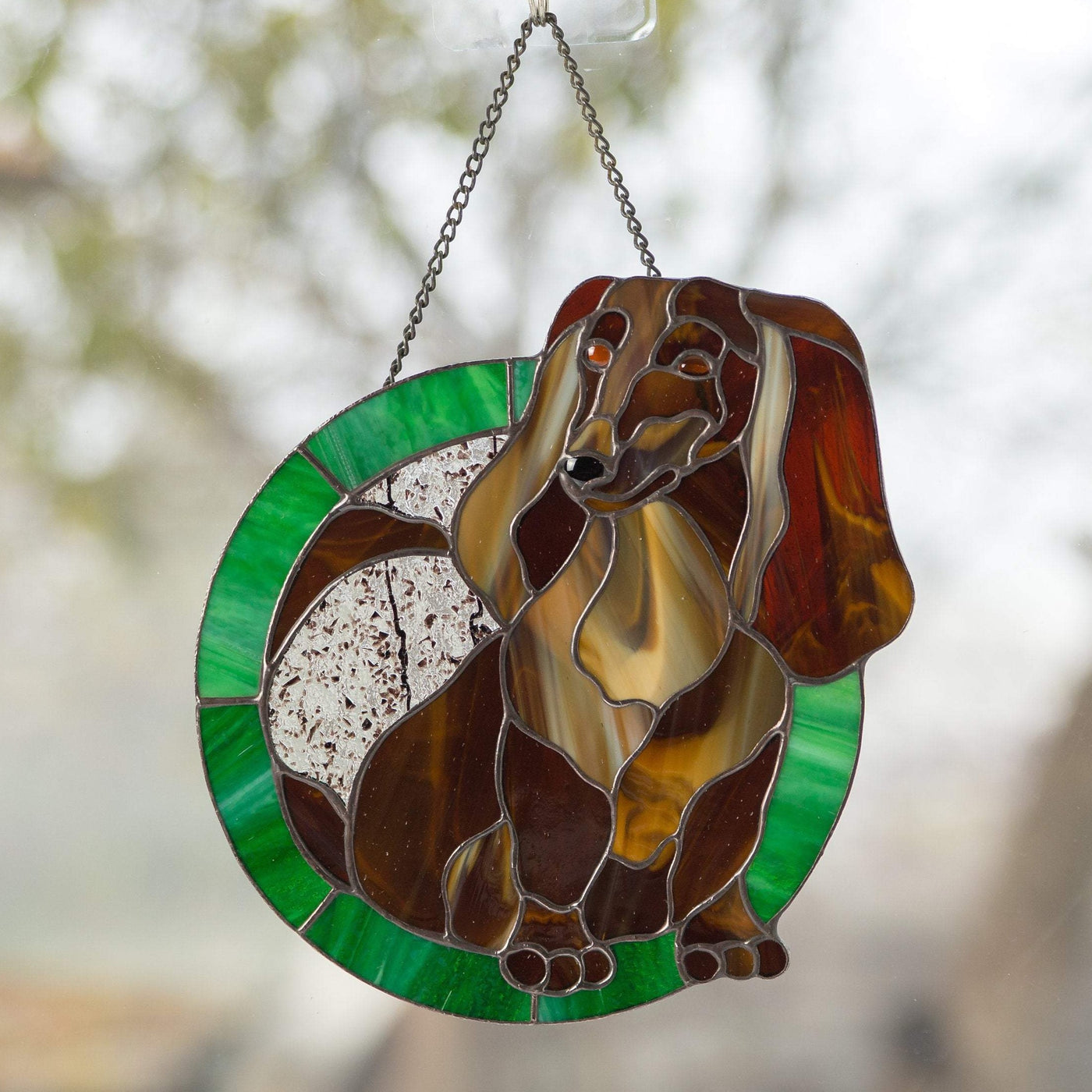 Stained glass panel depicting Dachshund for window decor