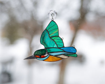 Flying kingfisher stained glass suncatcher