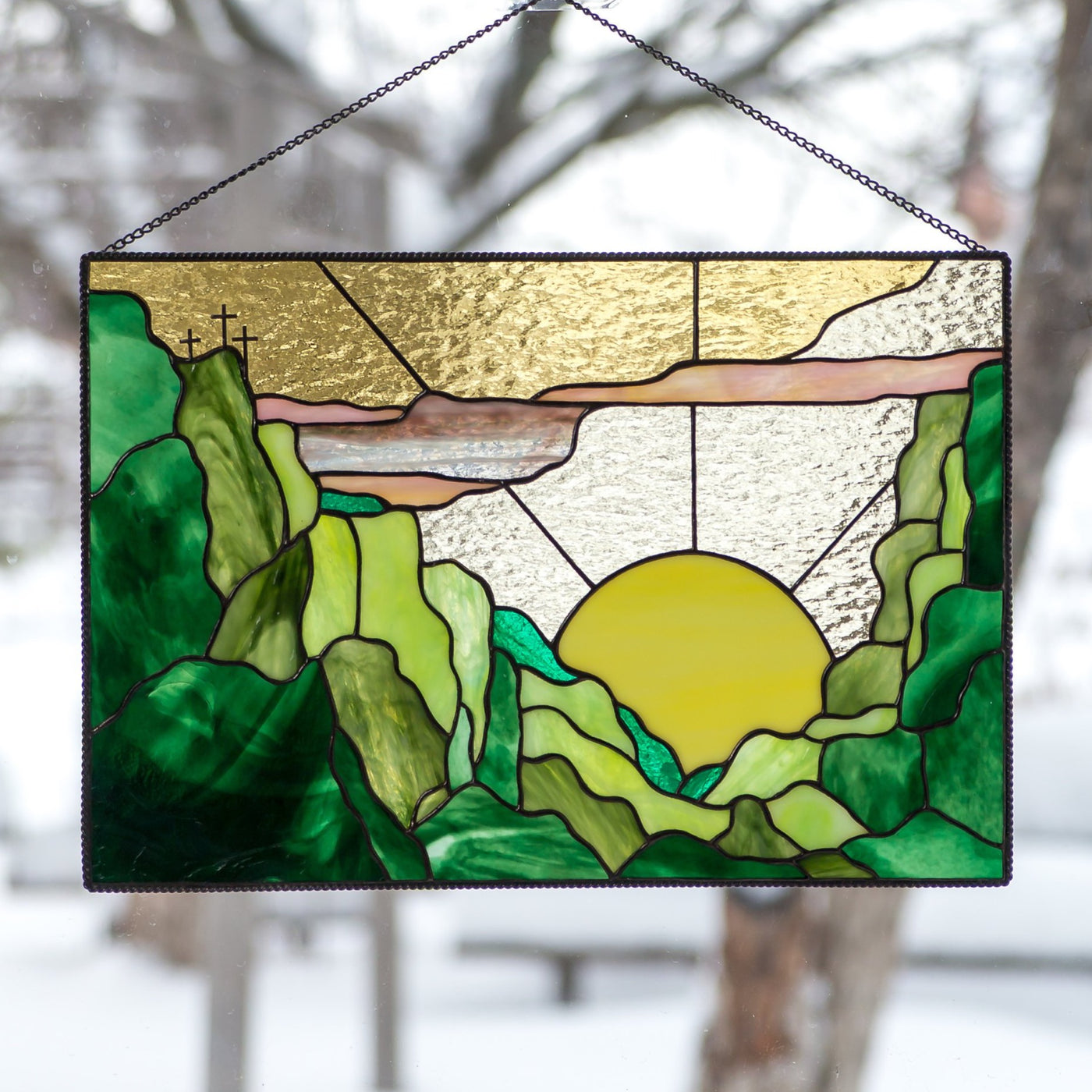 Stained glass panel depicting sunset and forest for window decoration