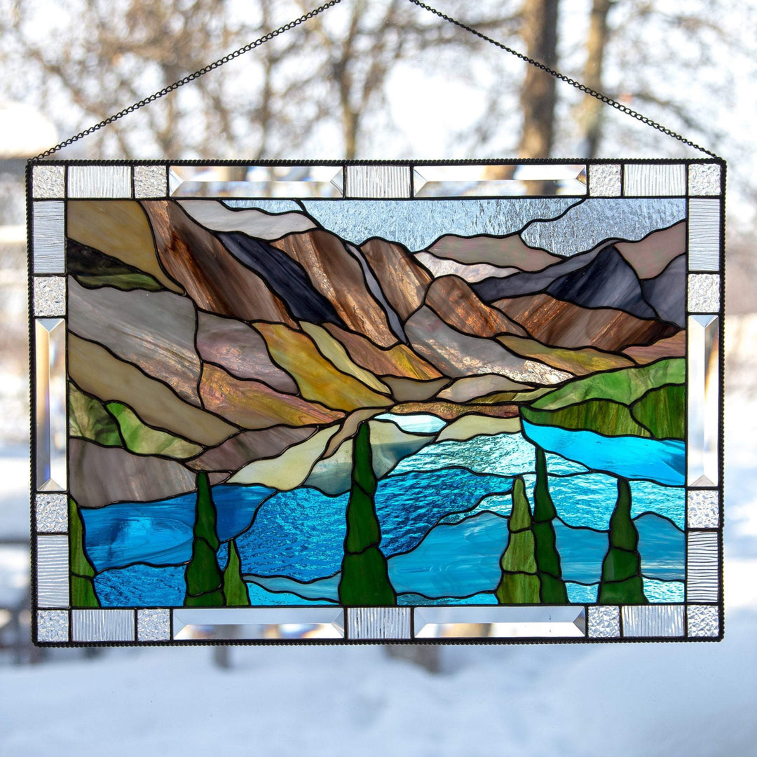 Mountain Range Stained Glass Corner Panel with fashion Full Moon - indigo navy blue chartreuse green clear starburst texture - copper finish