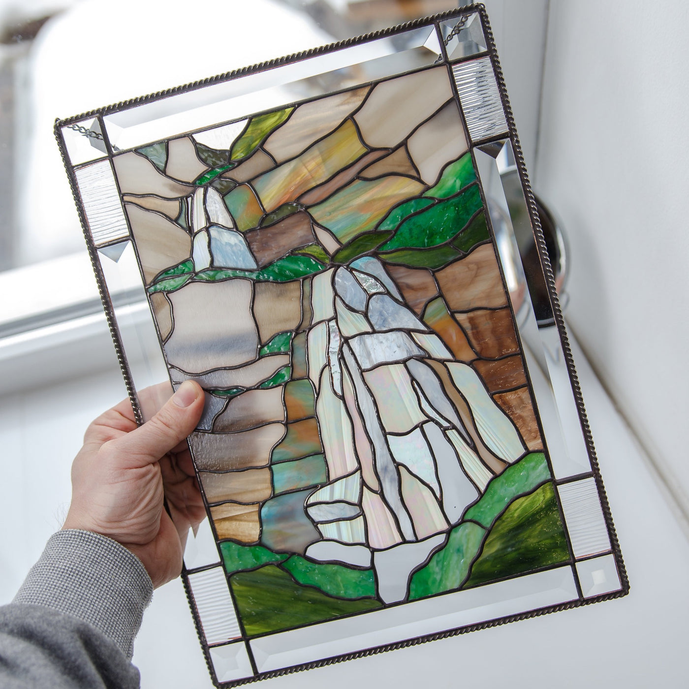 Bridal Veil Falls panel of stained glass for window