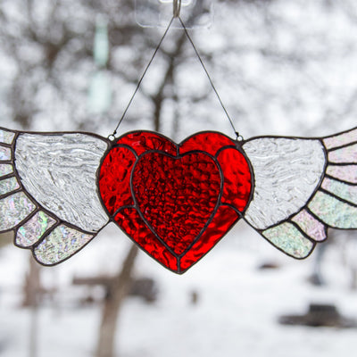 Zoomed stained glass heart with iridescent wings window hanging