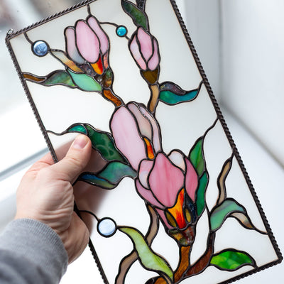 Stained glass panel depicting magnolia flowers for window decoration