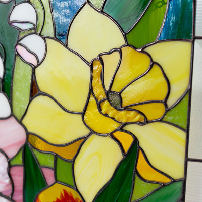 Zoomed stained glass lily flower on panel