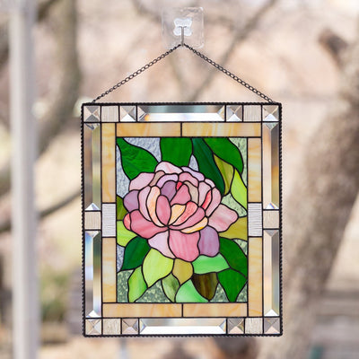 Peony panel of stained glass for window decoration