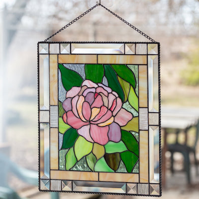 Peony stained glass window hanging panel