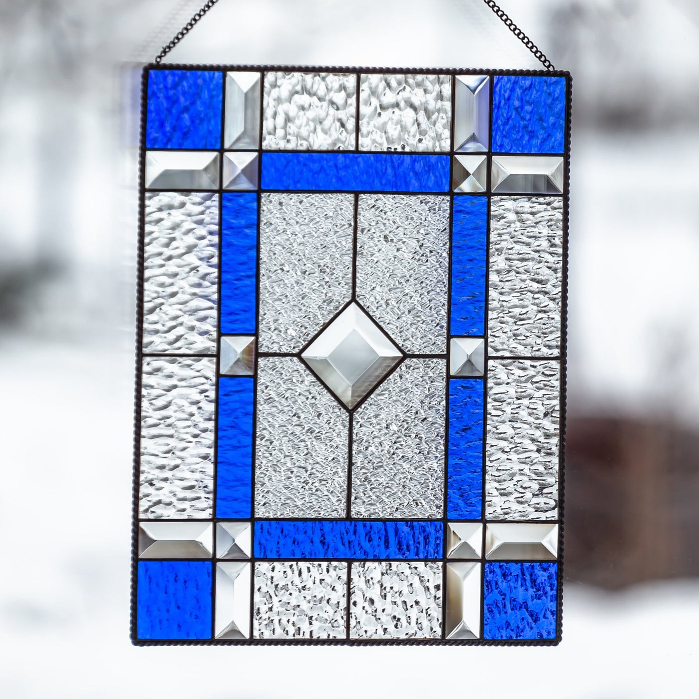 Stained glass cobalt clear panel with beveled inserts
