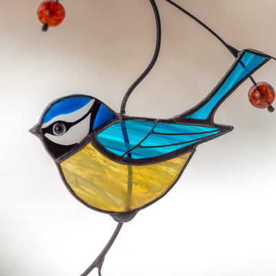 Blue Chickadee on a copper branch stained glass suncatcher