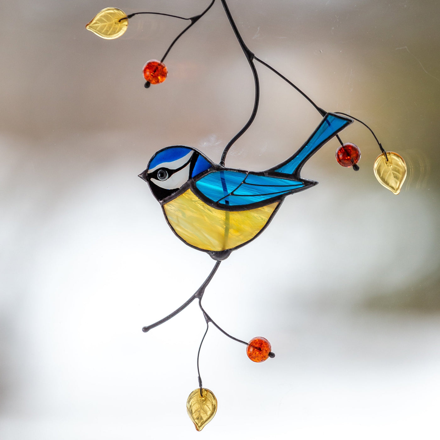 Blue chickadee stained glass suncatcher