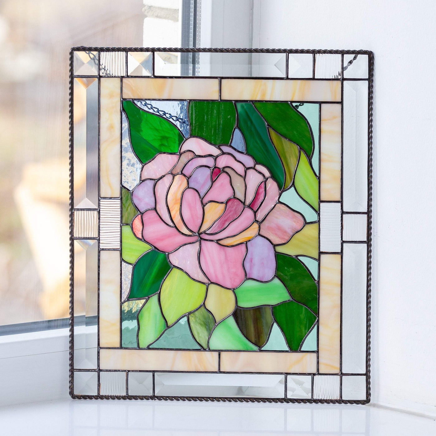 Stained glass peony panel with leaves on the background 
