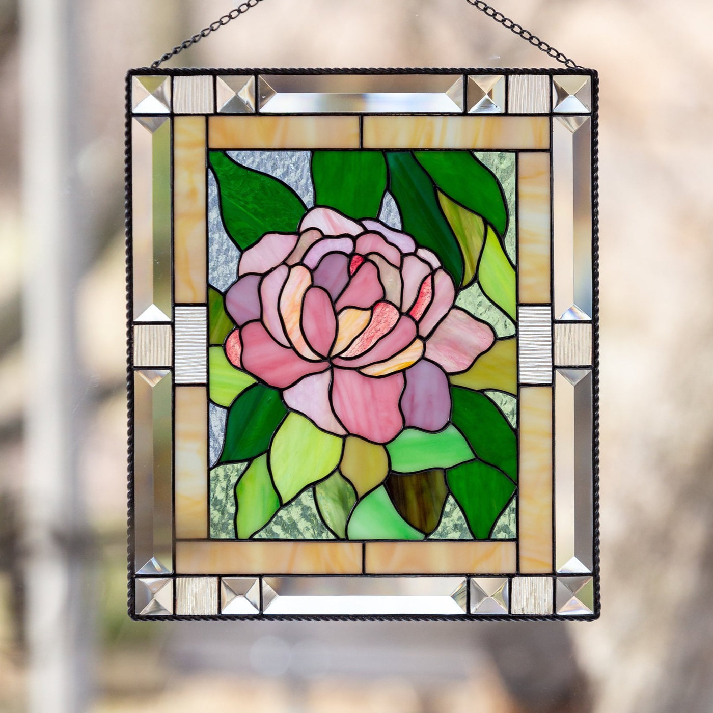 Peony stained glass window hanging for home decor