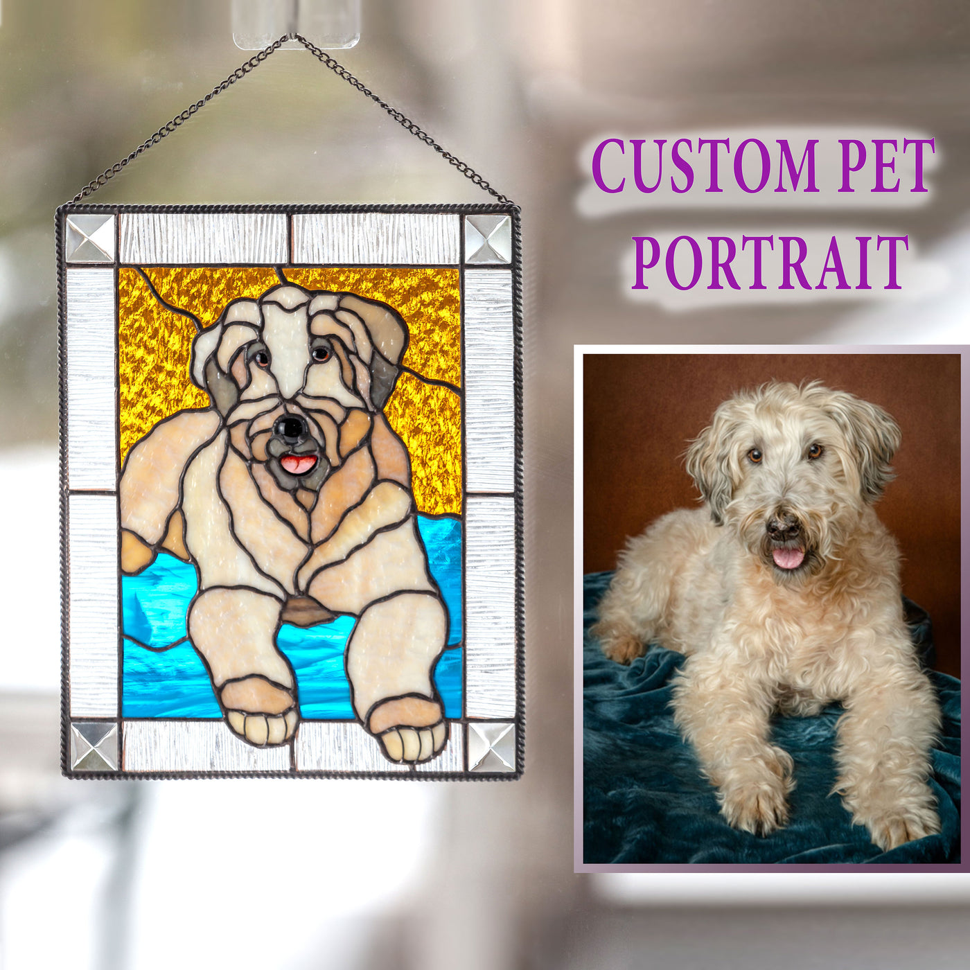 Stained glass panel of a dog for home decor